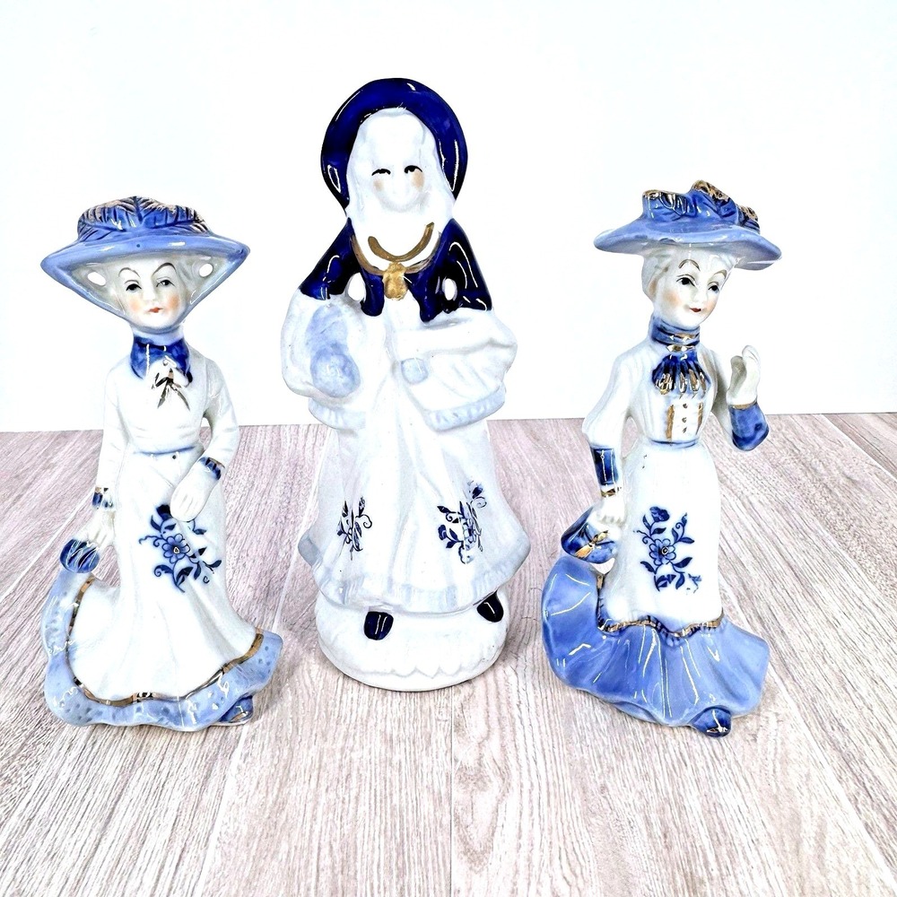 Blue White Ceramic Victorian‎ Lady Figurines Set of 3 Floral Gold Trim China